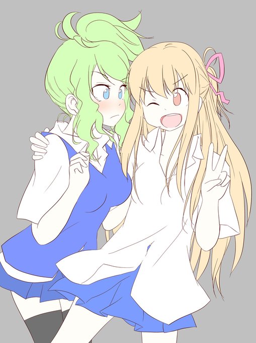 下色乗っけました。今日はここまで。(つ∀`) 距離感近い女の子と、急な距離感でドキっとしてる女の子。 もしくは、ちょっと大き目のワイシャツで大きさがハッキリしない女の子と、ワイシャツの上にベスト着ても大きさが分かってしまう女の子。^q^ 