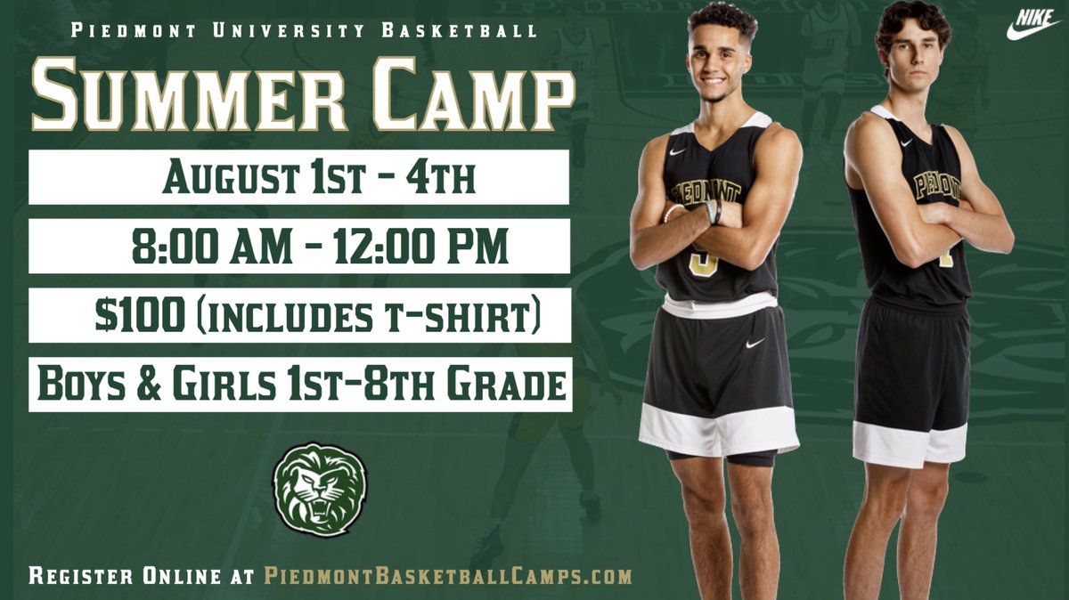 Lions_MBB's tweet photo. Piedmont Basketball Camp Dates 🔥🦁🏀

Summer Camp: August 1st-4th
Elite Camp: August 6th

Sign up at https://t.co/LJz1doelTR https://t.co/RBuNRzKs4M