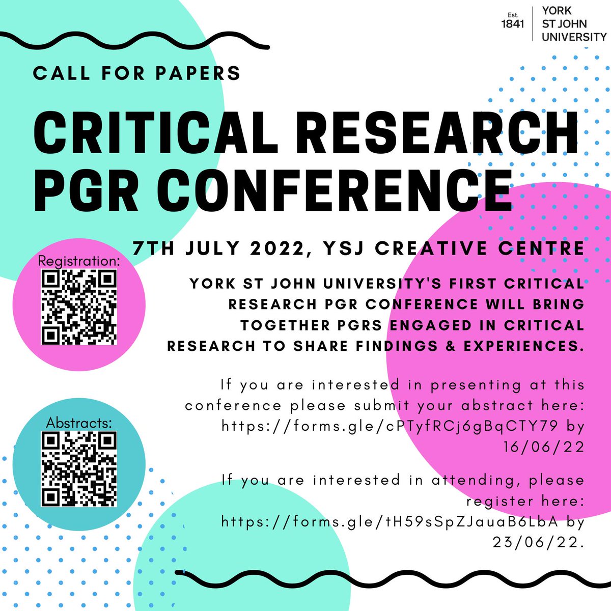 lzbthcx_'s tweet photo. Fancy presenting your work at a Critical Research PGR Conference? We're running this on July 7th at York St John University. Come join! Submit an abstract here: https://t.co/n5auILYACC https://t.co/ykmqIHnOg9