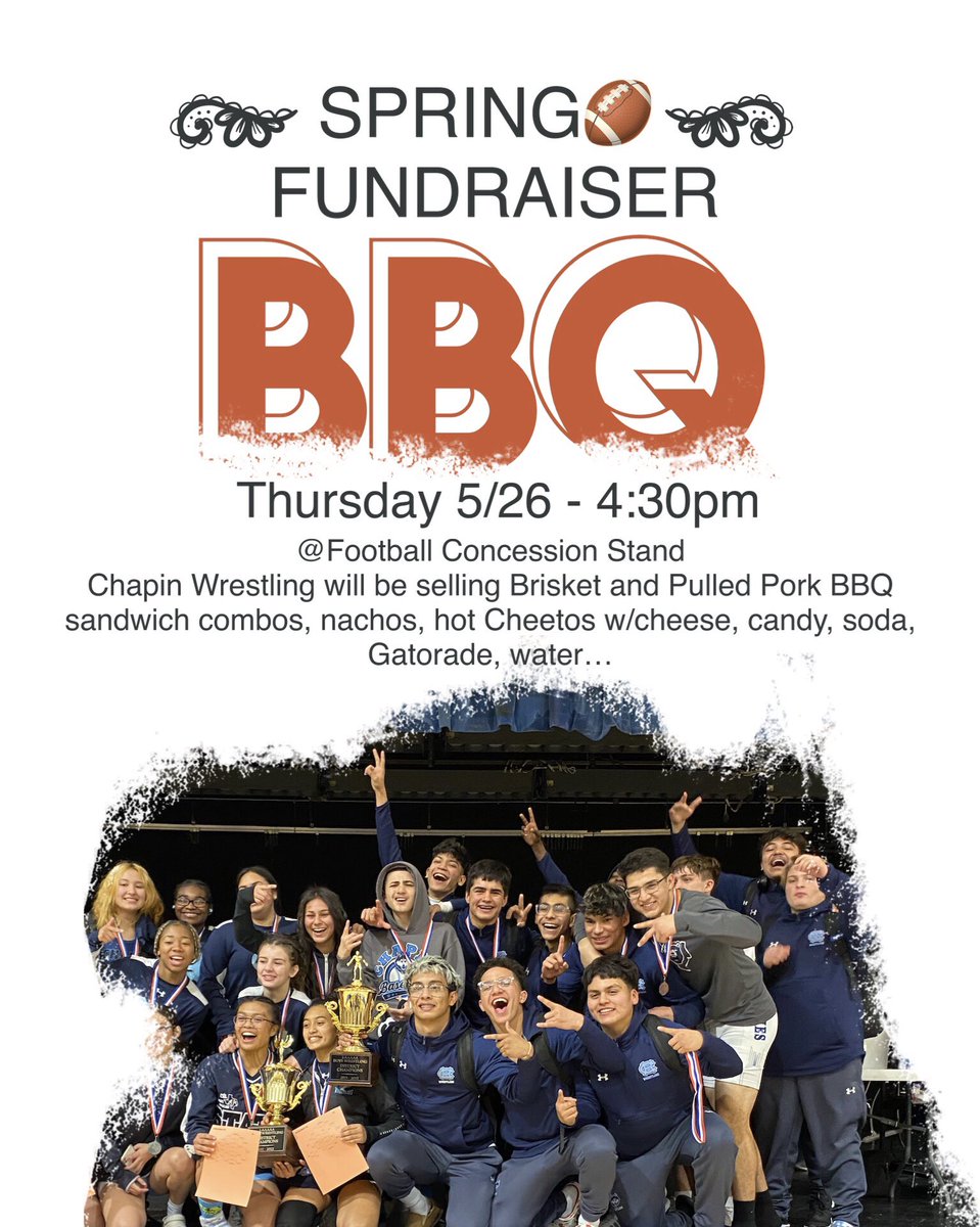 WrestlingChapin's tweet photo. Come out to support 2 sports Thursday at our Spring 🏈 Game and your Husky Wrestlers as they will be selling BBQ sandwiches (brisket/pulled pork) combos and other snacks at the concession stand before and during the game. #HuskyFamily #HuskyNation  #IYW https://t.co/wuRze0ENnD