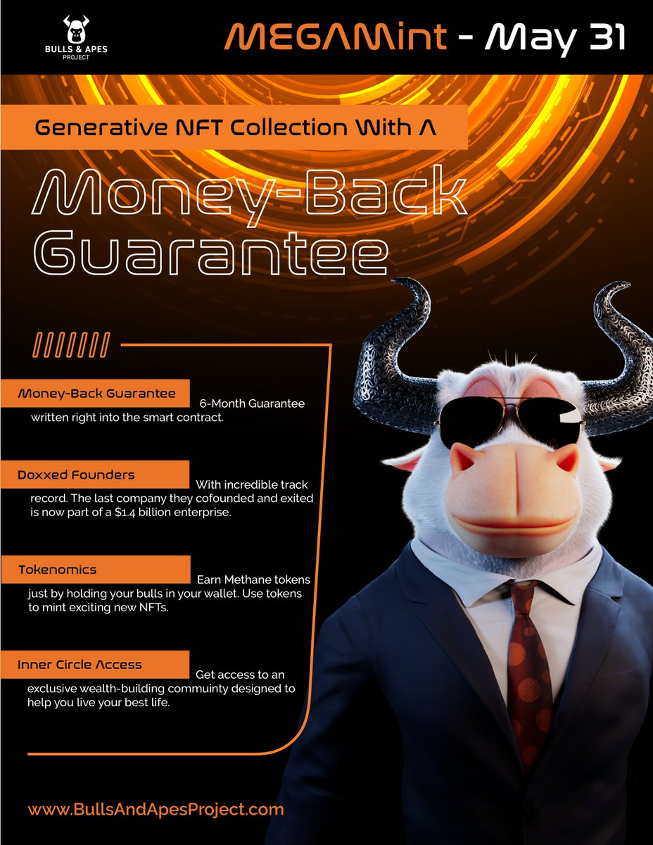 BullsApesProj's tweet photo. 1/7 Bulls &amp; Apes Project is Minting on May 31st.
 
ETH-Back Guarantee, Fully-Doxxed Founders, Tokenomics, Inner Circle, $1.4 Billion Valuations + More...
 
Discover why everyone is raving about our project.
 
🧵👇 https://t.co/3CghNNkjvL