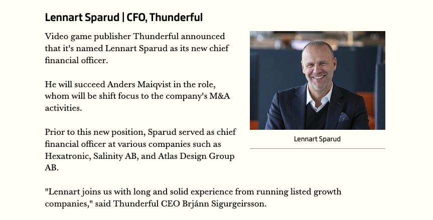thunderfulgroup's tweet photo. As of today May 23rd, Lennart Sparud takes office as Thunderful's CFO.  Thanks @GIBiz 

🔗https://t.co/13flr0ipLl https://t.co/3WOR7q94CC