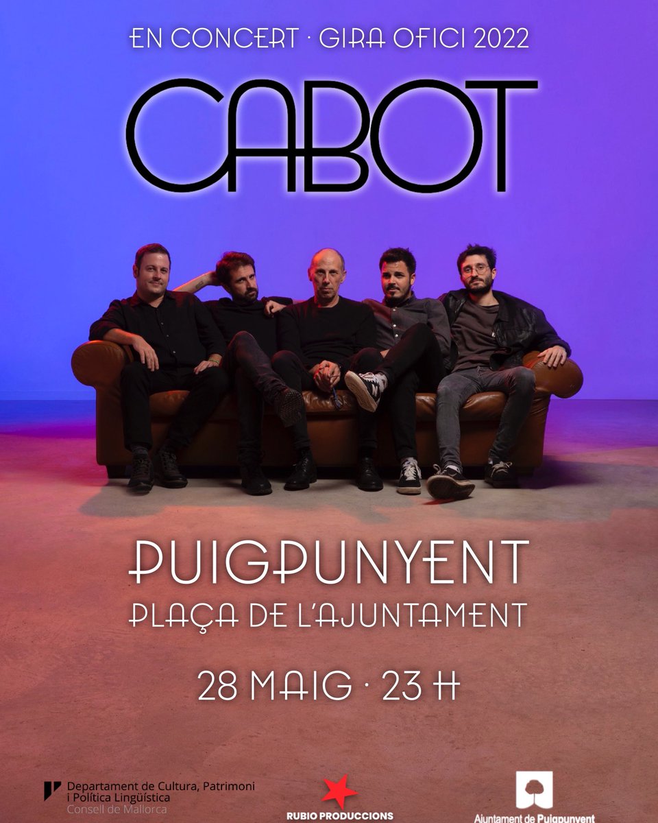 ZOO_MUSIC's tweet photo. @CABOT_music presenta #Ofici a Puigpunyent!
Aquest dissabte 23 maig a la plaça de l’Ajuntament. Gratuït. https://t.co/p3OwkE6uJF