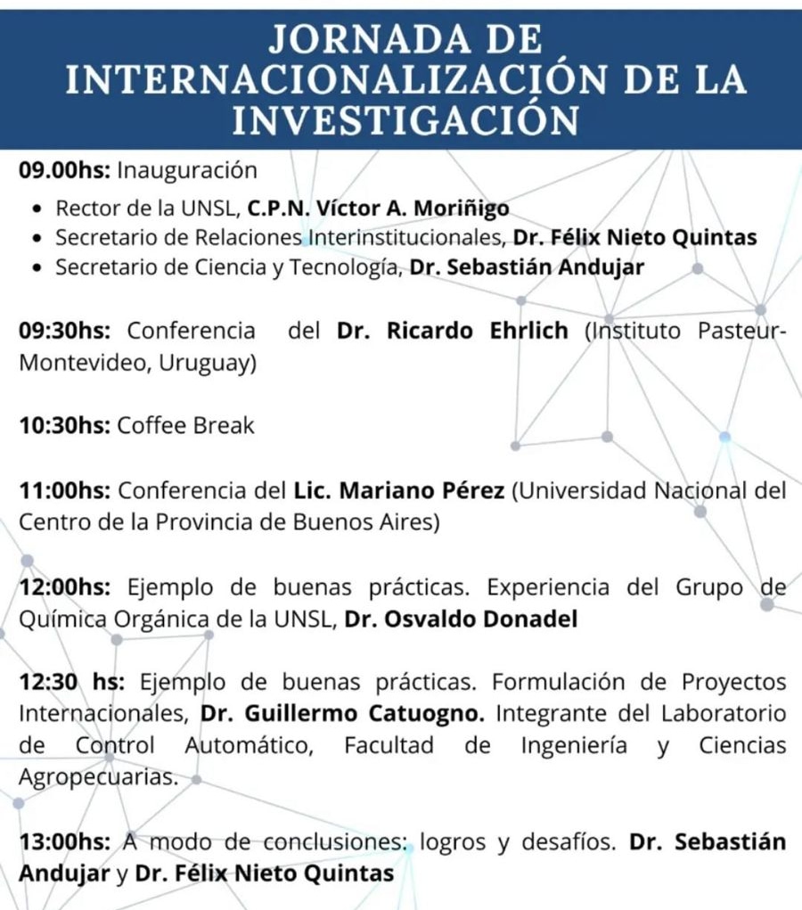 📌 Este viernes 27 de mayo la Secretaría de Relaciones Interinstitucionales de la Universidad Nacional de San Luis (UNSL) llevará adelante una "Jornada de Internalización de la Investigación". 

#Rector #UNSL