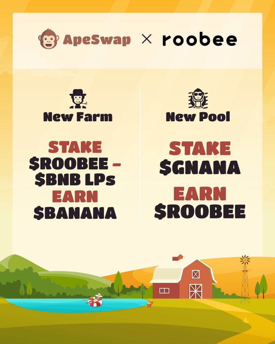 We’re happy to welcome @ape_swap in the #Roobee family 🤗

There are now new $ROOBEE and $GNANA farming oppurtunites on https://t.co/EBYd5XChL3 🐵

Learn more on farming and the upcoming integration of ApeSwap into RoobeeFinance:
✅ https://t.co/afJvAVbnAg

#BNBChain 