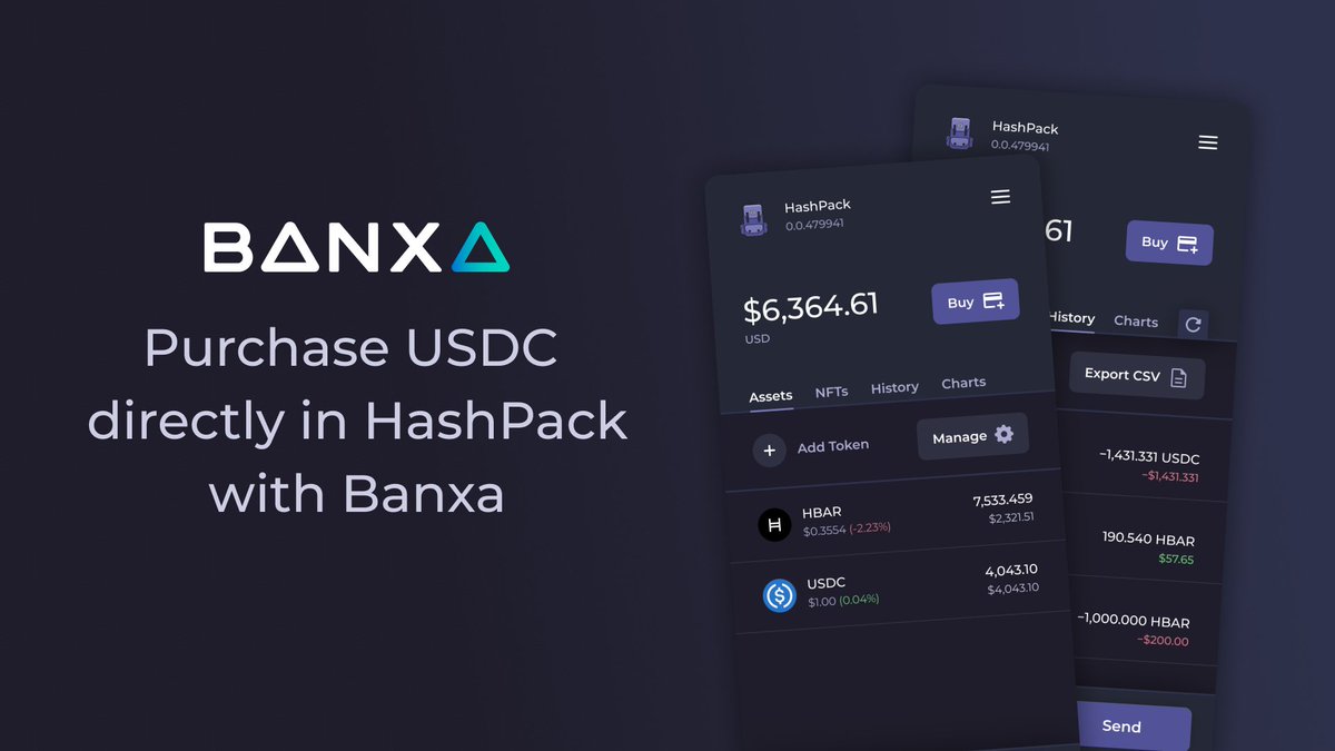 hashpack's tweet photo. We've partnered with @BanxaOfficial and integrated their payment portal which allows for both $USDC and $HBAR purchases directly in HashPack! 🎉

#HashPack #BuiltOnHedera #Hedera #Banxa https://t.co/62j5Jbh0kj