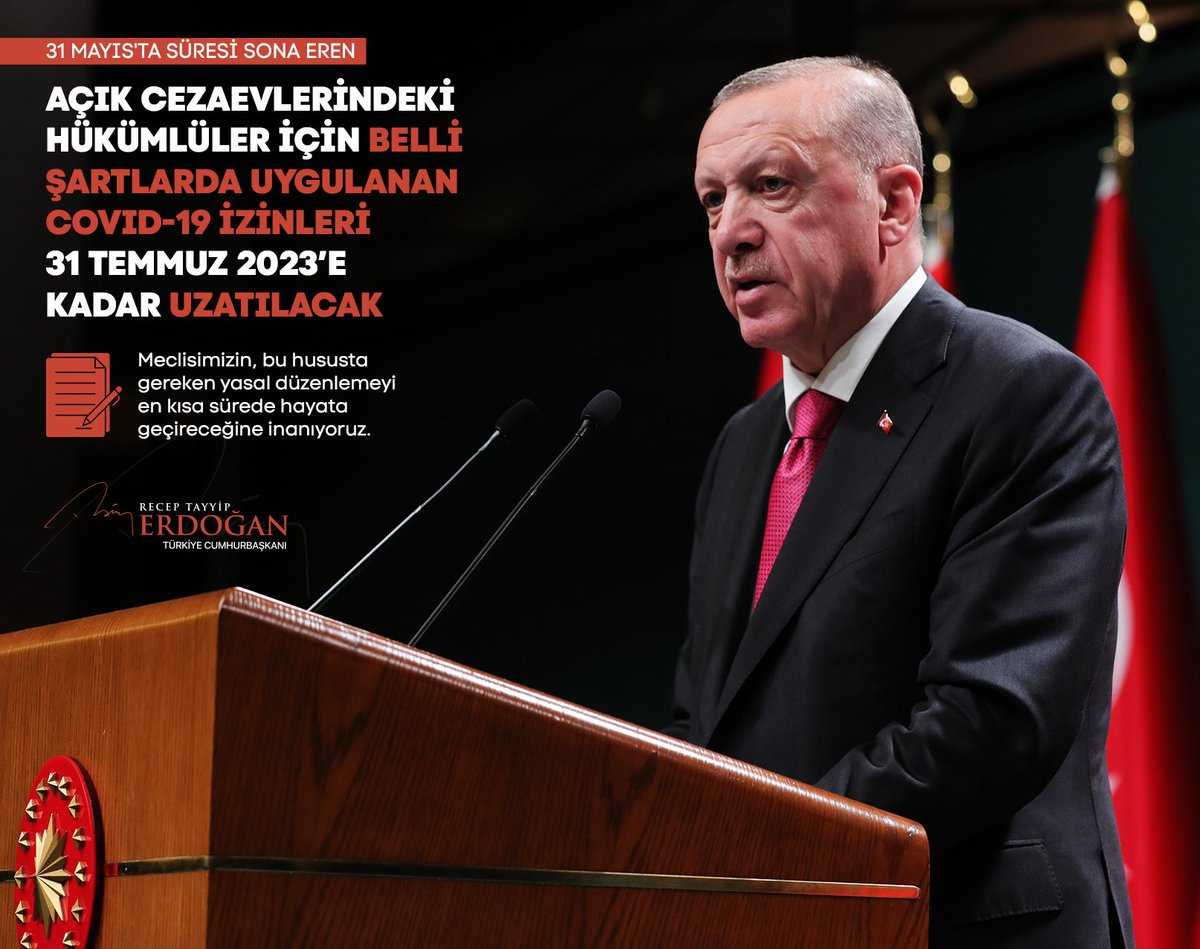 Kabine toplantımızda, açık cezaevlerindeki hükümlüler için belli şartlarda uygulanan, 31 Mayıs’ta süresi sona eren COVID-19 izinleriyle ilgili de bir değerlendirme yaptık.

Buna göre açık cezaevlerindeki hükümlülerin COVID-19 izinlerini 31 Temmuz 2023 tarihine kadar uzatıyoruz.