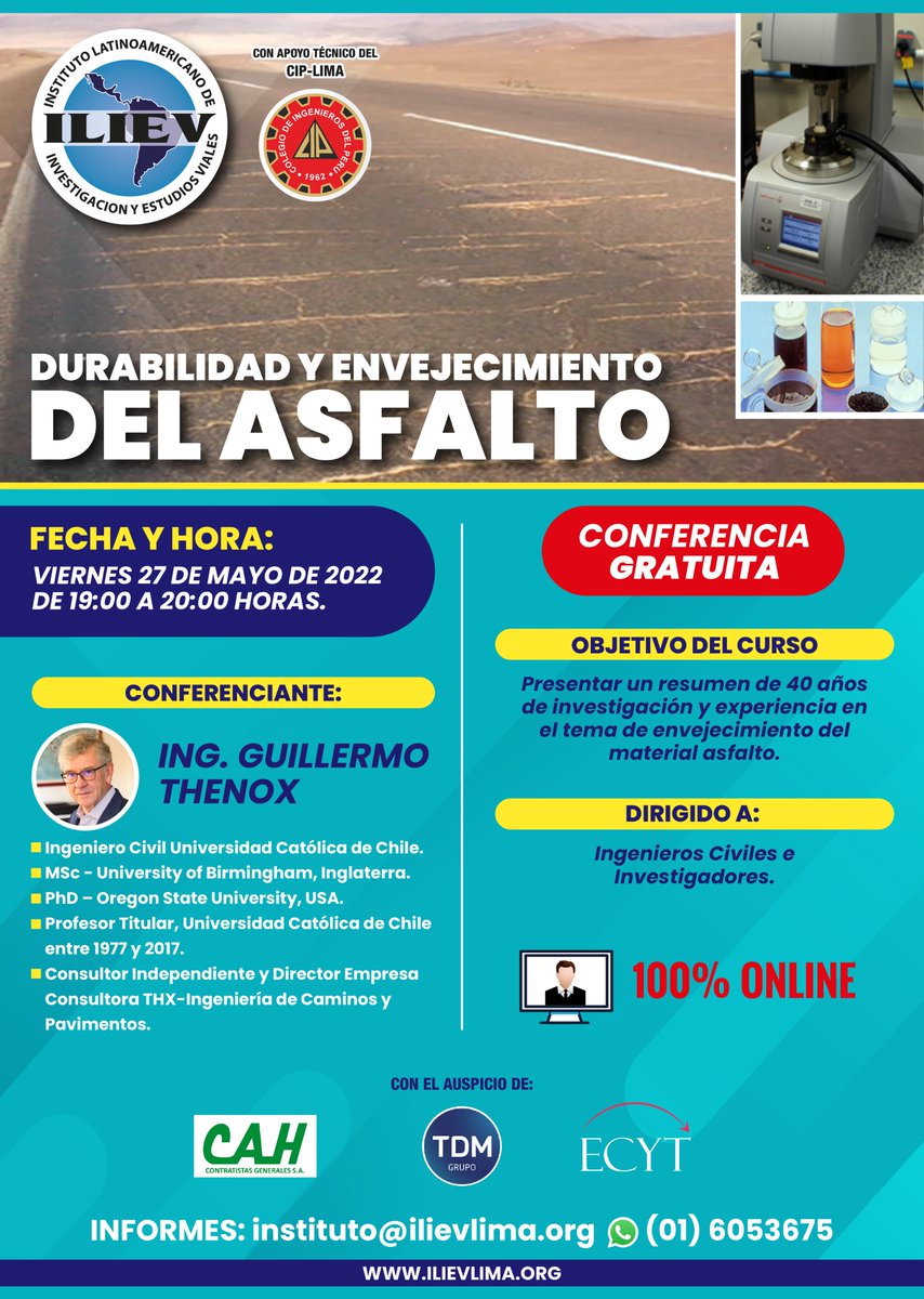 ilievlima's tweet photo. 🔹 Te esperamos este viernes 27 de mayo en una nueva #ConferenciaGratuita sobre Durabilidad y Envejecimiento del Asfalto. Dicha exposición será dictada por el Ing. Guillermo Thenox de 🇨🇱.
📌Para mayor información contáctanos vía wasap al 📲 https://t.co/nF2zOw3QLO
#ILIEVLima https://t.co/gqjJo2weSm