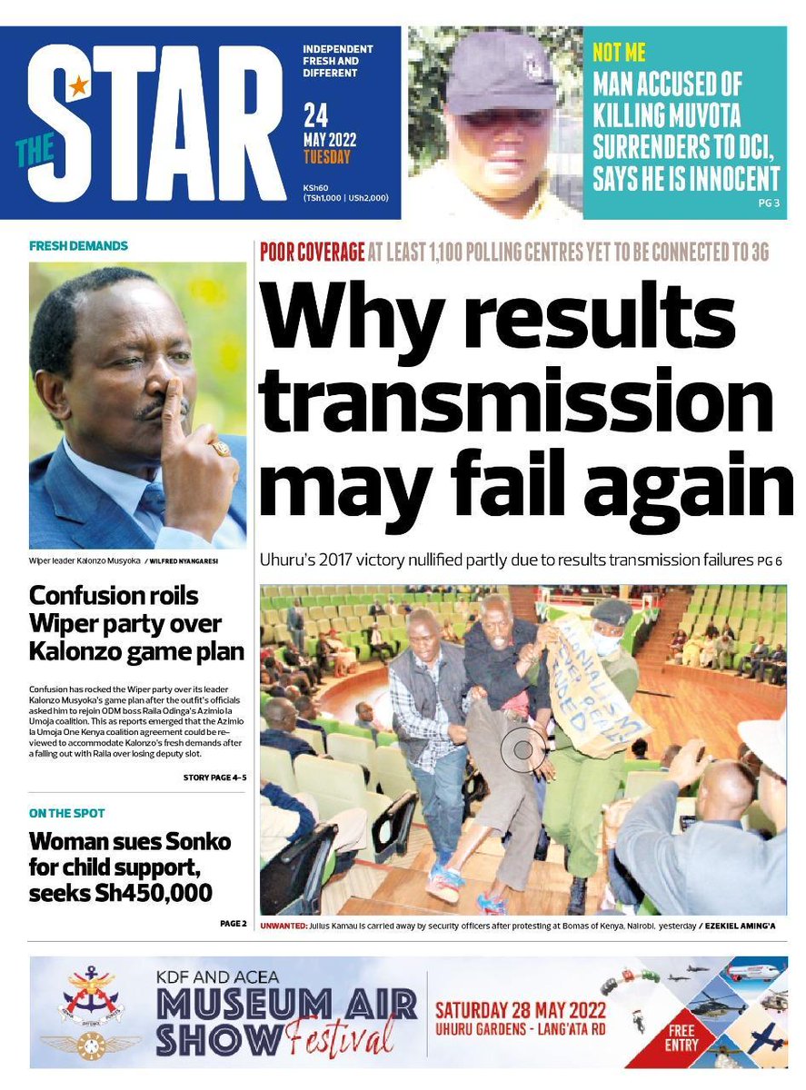 TheStarKenya's tweet photo. Tuesday's Star 
- Why results transmission may fail again

Our ePaper will be available on https://t.co/WjZJr7fz1o from 10pm, grab a copy! https://t.co/HqQ01ovd4e