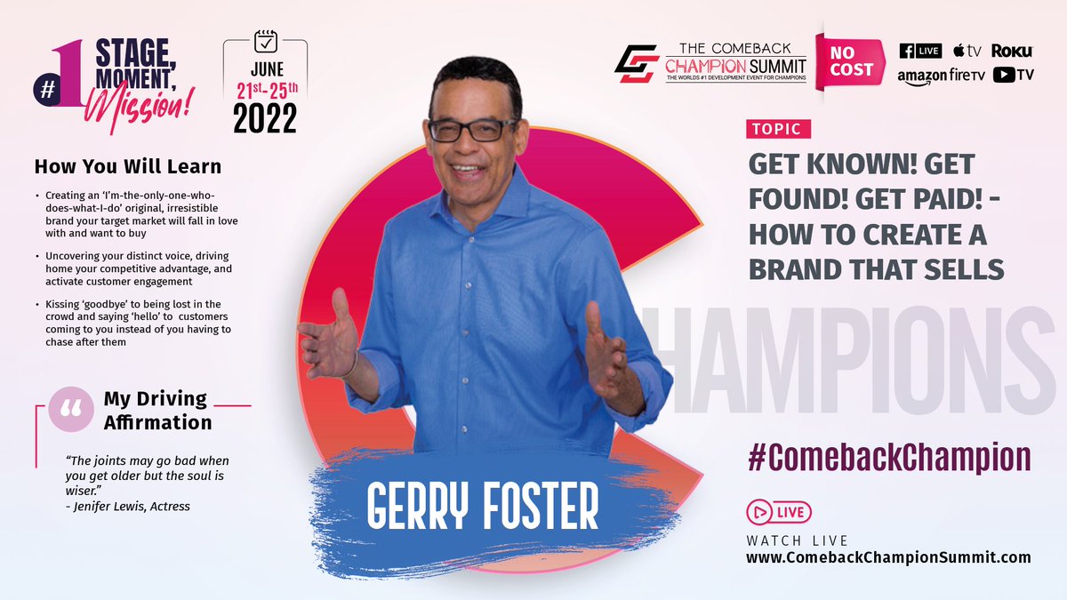 GerryFoster's tweet photo. You were born fierce! Your journey is bigger than what you currently see. Don't listen to the maybes.

Whatever your dream, Step into the World of Champions: https://t.co/Kz7JnbGkM0

Reserve your no-cost ticket. 

#iamback #thecomeback #dreambig#ComebackChampionSummit https://t.co/19D0D4Gxnh