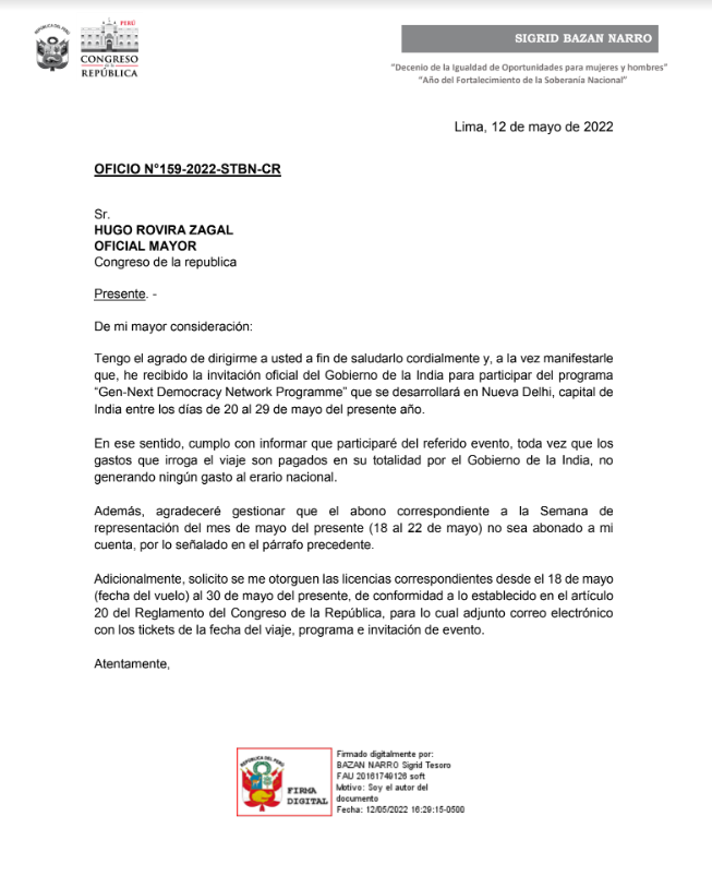 sigridbazan's tweet photo. Sobre mi viaje a la India:
-Es una invitación por parte del Gobierno de la India por los 75 años de su independencia.
-El Congreso NO ha incurrido en ningún gasto.
-Por coincidir con la semana de representación, solicité que NO se me abone el dinero correspondiente. https://t.co/IkG8GtAzDu