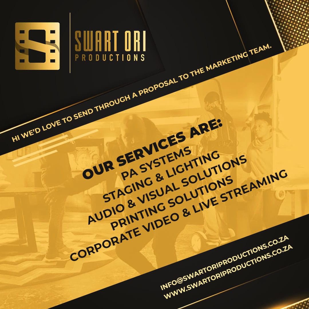 SwartOriProd's tweet photo. Let’s give you a quotation for your Corporate Video, Live Stream your event, staging and lighting for your awards shows and your live concert staging. https://t.co/wyEOmOL6Sy