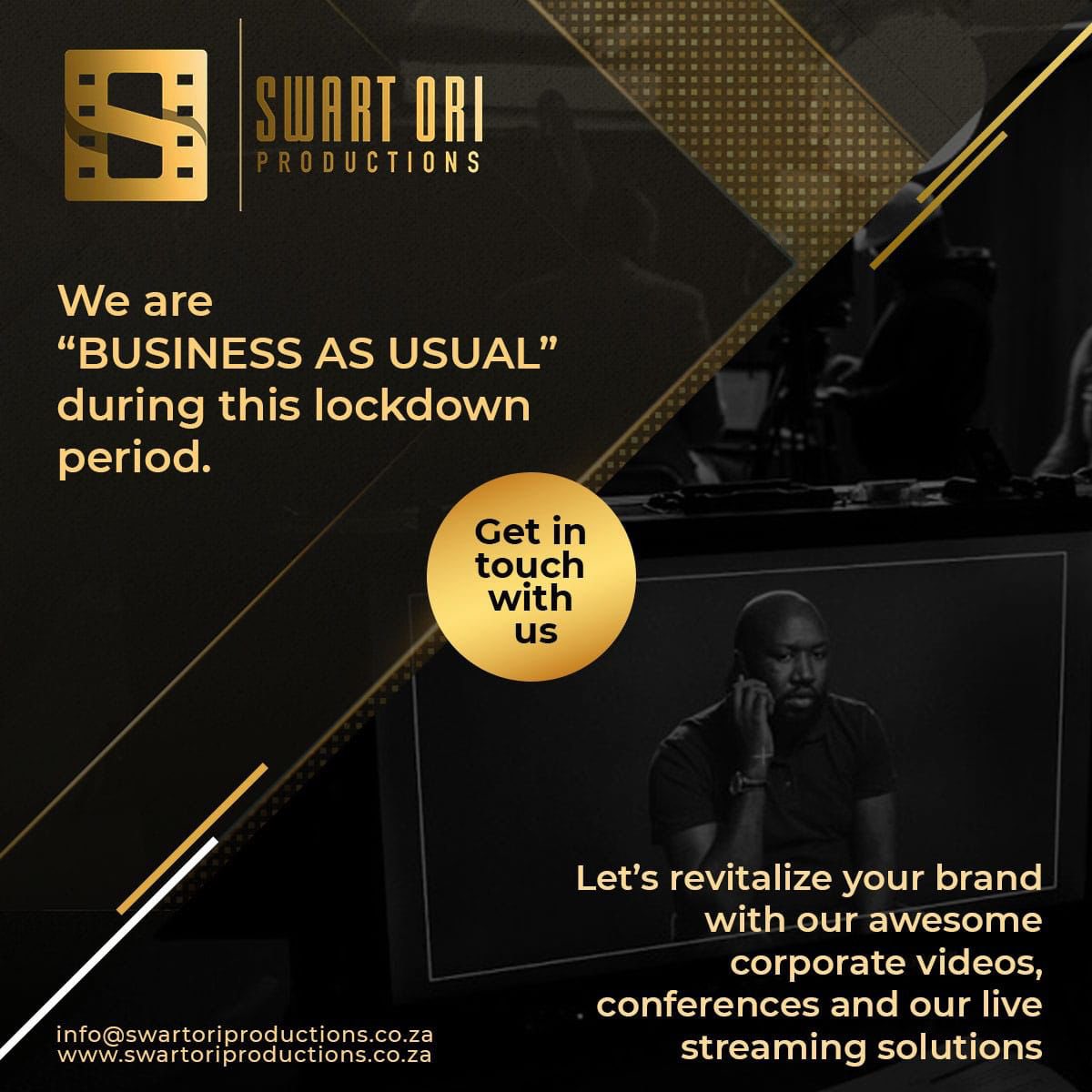SwartOriProd's tweet photo. Let’s give you a quotation for your Corporate Video, Live Stream your event, staging and lighting for your awards shows and your live concert staging. https://t.co/wyEOmOL6Sy