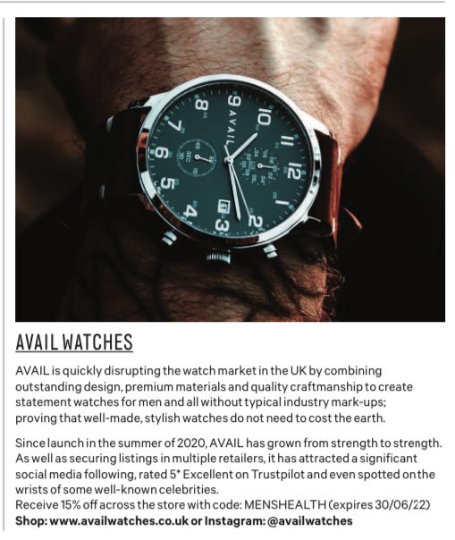 AvailWatches's tweet image. AVAIL is featured in the MH Directory - life enhancing products 🙏

Out now - go check it out! 

AVAIL - Now is Your Time. 

#menshealth #availwatches #menswatches #menswear #mensaccessories #mensfashion #mensstyle #mens #affordablefashion #affordablewatches #style #fashion