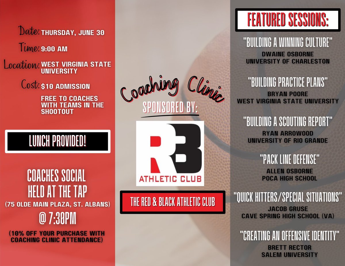We are excited to announce the date, speakers and session topics of our first annual coaching clinic, sponsored by the RBAC. 

This is a great opportunity for coaches of all levels to learn from some of the top college and high school coaches in WV and VA.

Please share!