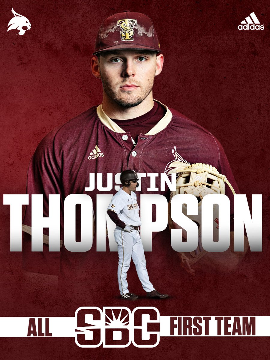 TxStateBaseball's tweet photo. A record 5 Bobcats were named to the All-#SunBeltBSB First Team!

Joining @Dalton_Eugene8 is @jt_thompo, @tstivors_13, @WoodZeke &amp; @leviwells2001.

🔗: https://t.co/ub7DiafjQB

#EatEmUp #SlamMarcos https://t.co/8ccUphSvEE