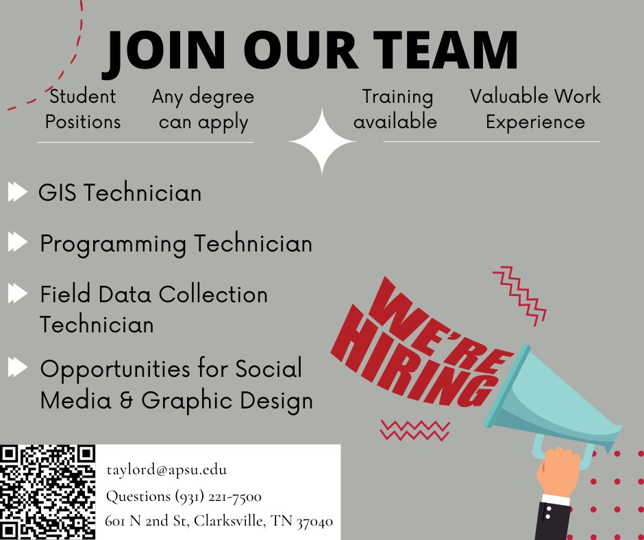apsugiscenter's tweet photo. We are hiring!!
We are in need of in office student workers and field team workers! We are hiring for all positions, offer training, and flexible scheduling. If you are interested, use the QR Code or the Jobs4Govs link below!
#apsugis #apsugiscenter #werehiring https://t.co/Tm16KQzD8P