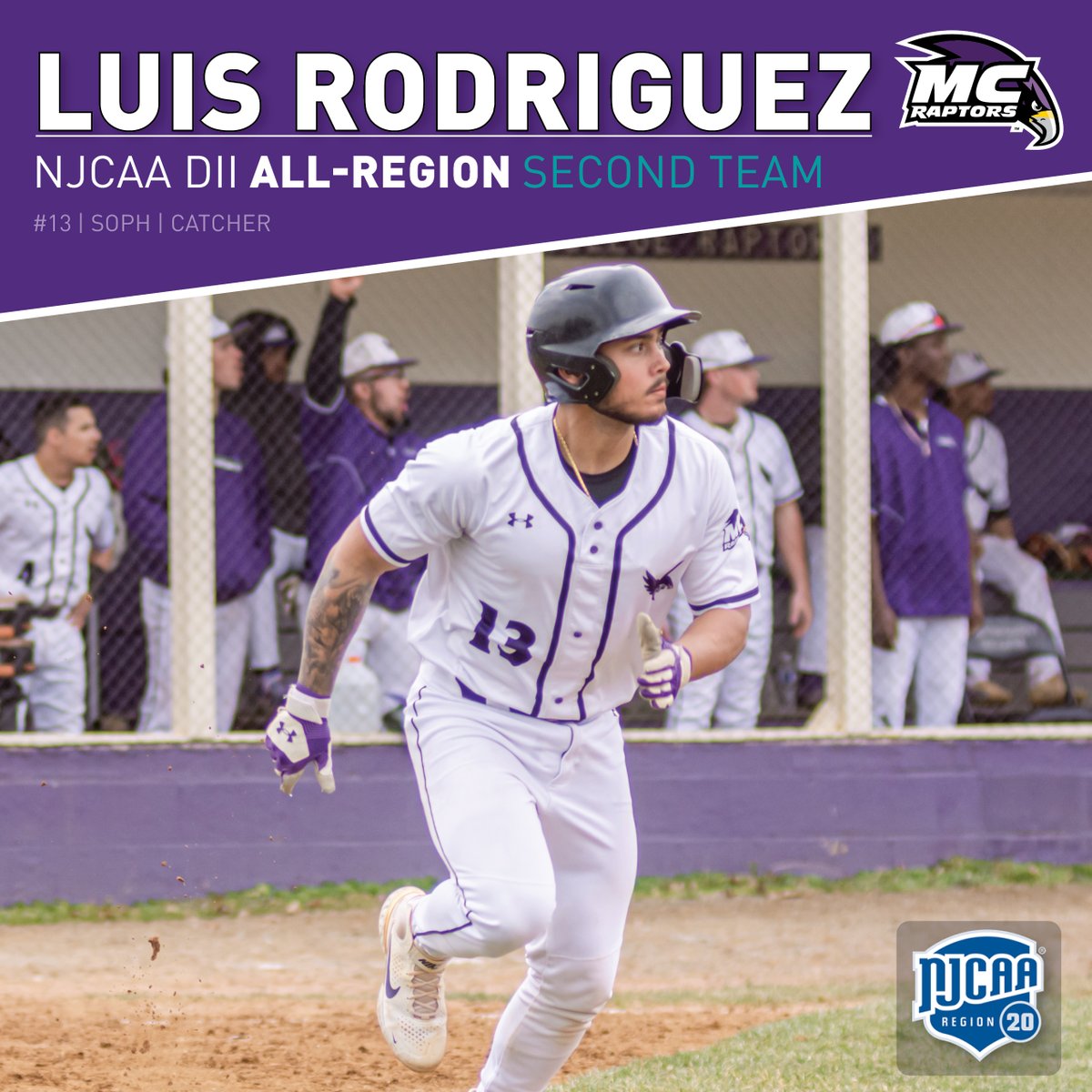 Congratulations to our <a href="/MCJuCoBaseball/">MC Raptors Baseball</a> players for being selected to the <a href="/NJCAARegion20/">Region 20</a> DII All-Region Teams.
Fr. infielder A. Williams and so. catcher L. Rodriguez were selected All-Region Second Team, and fr. IF C. Goodling was selected All-Region Honorable Mention! #GoRaptors