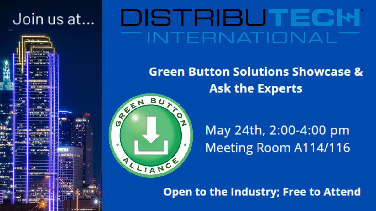 The_GBA's tweet photo. It's great to be back at #DTECH2022! You're Invited to join @The_GBA tmrw. Tues. 5/24 2:00-4:00pm as #GreenButtonEnergy leaders educate on the industry's latest #EnergyDataAccess &amp; #DataSharing developments &amp; solutions. See agenda, free to attend : https://t.co/Kqp5NcCxDB https://t.co/pwQmK5mJ2U