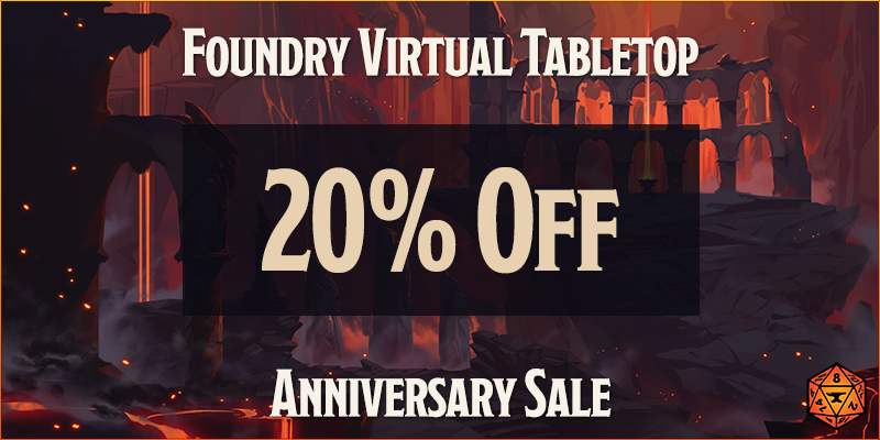 FoundryVTT's tweet photo. It's Foundry VTT's 2nd anniversary this week and we're celebrating with a 20% off sale + a ton of fun events like dev streams, a live play of Abomination Vaults, and a look back at how we got here! 

Pick up your copy: https://t.co/eKWexbzX8U

Our streams: https://t.co/MKJHVY1GVV https://t.co/KZxgICCrz3