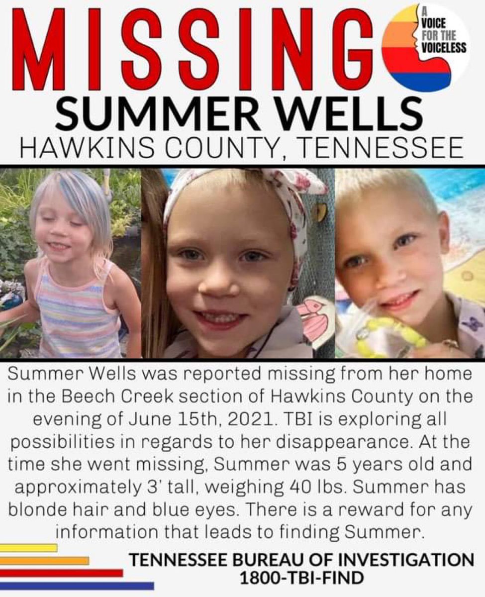 The ongoing #AmberAlert continues in #Tennessee for:
#SummerWells 
•Age: 6 years old
•Sex: Female
•Race: White
•Hair: Blonde 
•Eyes: Blue
•Height: 3 feet
•Weight: 40 lb.
•Missing from: Rogersville
•Missing since June 15, 2021
1-800-TBI-FIND
#SHAREtoHELP