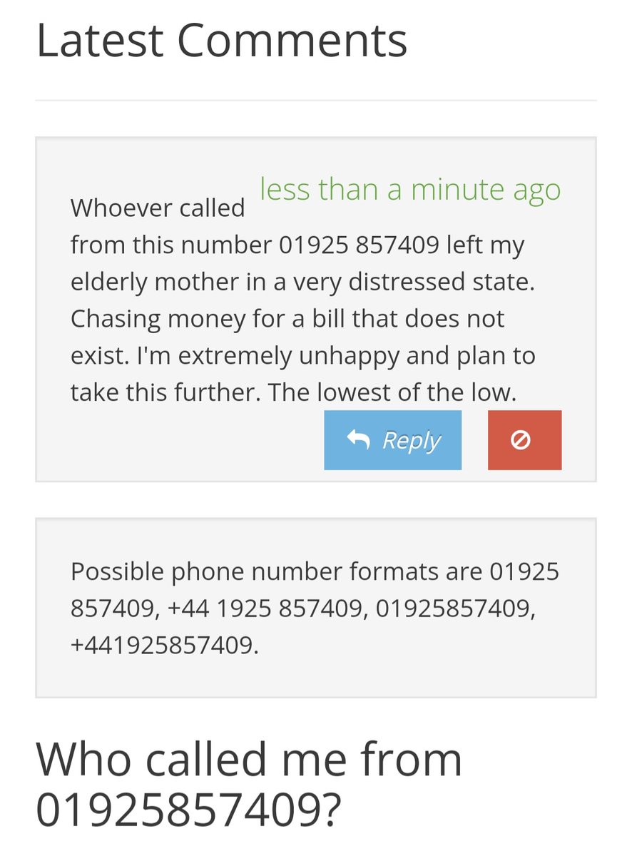 Not happy. My lovely, elderly mum has just been left in a distressed state after 2 calls from a cold caller demanding money for a non existent unpaid bill 😡 Mum has dementia and doesn't understand.  Here's the number below. Logged online so others may be aware ty #scamcallers