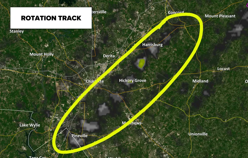 Possible tornado track from Reedy Creek Park in Meck county into Harrisburg in Cabarrus county. #cltwx #ncwx #wcnc