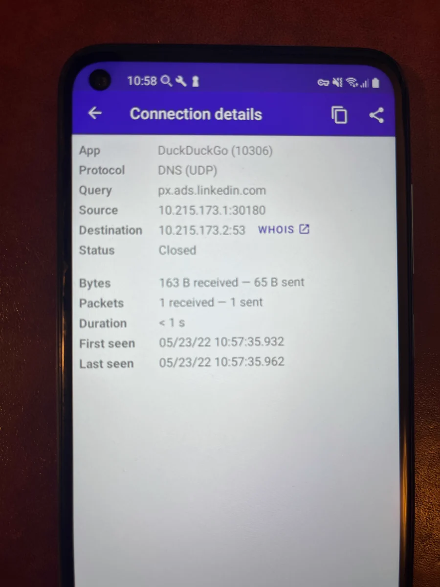 DDG browser sending data to Microsoft on Facebook's Workplace -- Android screenshot