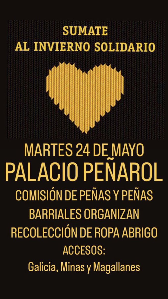 Pena_FdeM's tweet photo. Quienes concurran al partido de mañana de @BasketCAPuy en el Palacio Peñarol, pueden llevar ropa de abrigo para donar y colaborar con la campaña de #InviernoSolidario que realizan las Peñas cada año. 
¡Contamos con tu apoyo y te esperamos!
💛🖤💛🖤💛🖤💛🖤💛🖤💛🖤💛 https://t.co/7Q33q9gliT