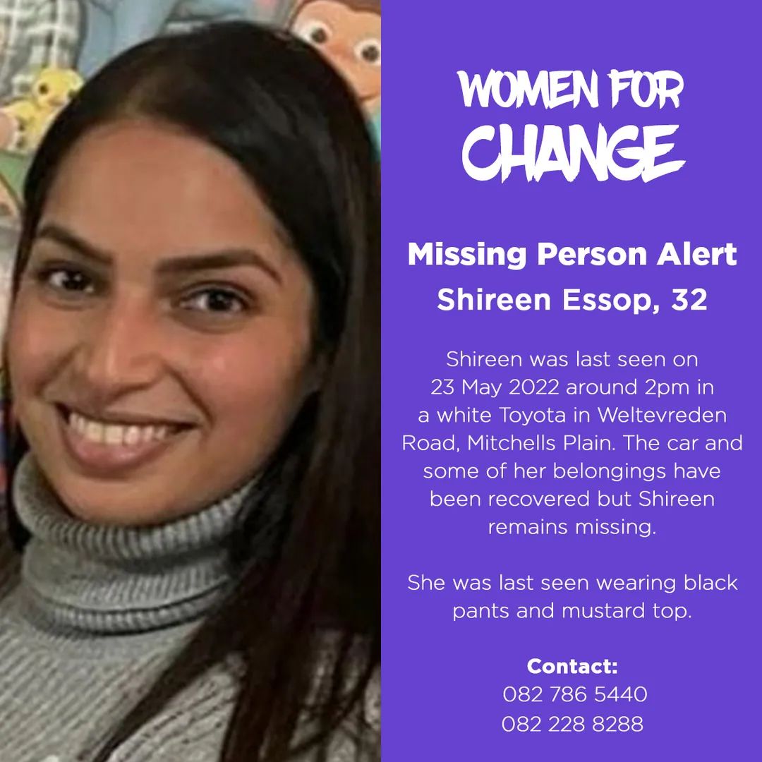 womenforchange5's tweet photo. + #MISSINGPERSONALERT +
Shireen Essop, 32, who was last seen on 23 May at 2pm today in a white Toyota in Weltevreden Road, Mitchells Plain. The car and some of her belonging have been recovered in Khayelitsha but Shireen remains missing. 

Please retweet and bring Shireen home! https://t.co/gVWXl6sODj