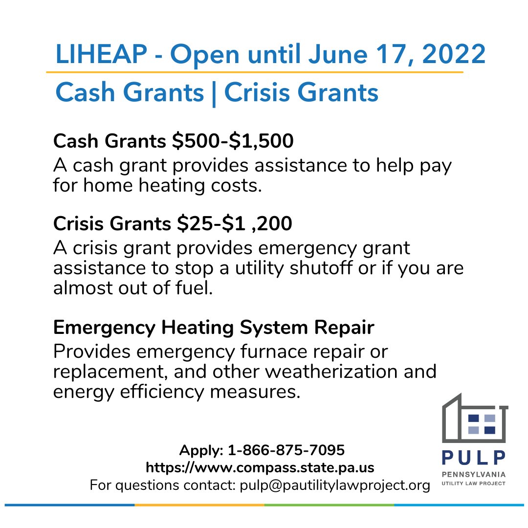 NLSAPGH's tweet photo. Low-Income Home Energy Assistance Program (LIHEAP) has been extended until June 17, 2022. To apply call: 1-866-875-7095
Or go to https://t.co/r8HM58DQzu
For questions contact: pulp@pautilitylawproject.org
#LIHEAP #grant #assistanceprogram #utilities #pa #lowincome https://t.co/5D12cMU8Fa