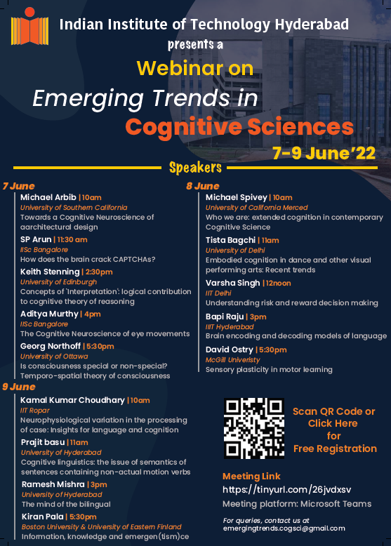 IIT Hyderabad (@iithyderabad) on Twitter photo <a href="/IITHyderabad/">IIT Hyderabad</a> presents a webinar series on "Emerging Trends in #CognitiveSciences” during 7-9 June 2022.
Join via Microsoft Team: tinyurl.com/26jvdxsv
Refer to the enclosed flyer for more details. <a href="/IITHyderabad/">IIT Hyderabad</a> presents a webinar series on "Emerging Trends in #CognitiveSciences” during 7-9 June 2022.
Join via Microsoft Team: tinyurl.com/26jvdxsv
Refer to the enclosed flyer for more details.