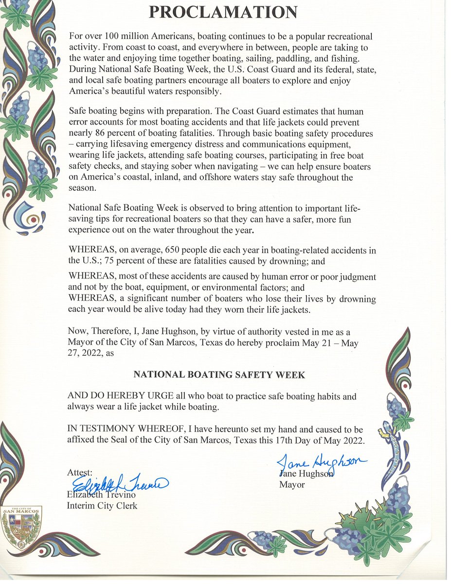 CGAUXATX's tweet photo. Proclamation from the city of San Marcos for National Safe Boating Week 2022. https://t.co/B1DmERXw3H