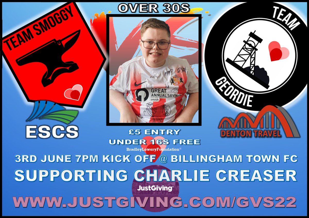 Next week our football lads from Newcastle will travel down to <a href="/BillinghamTown/">Billingham Town FC</a> to take on the Smoggys in a charity football match supporting one of our children Charlie Creaser, if you're local pop in or leave a donation using tbe link below. Thank you 💙
justgiving.com/gvs22