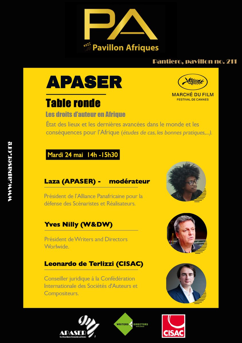 Today at 14h at <a href="/PAfriqofficiel/">Pavillon Afronova</a> in #Cannes2022, @APASERalliance &amp; <a href="/WADWorldwide/">Writers & Directors</a> will hold a roundtable on the current state of authors' rights in Africa. Follow the discussion on Pavillon Afrique's Facebook Page: facebook.com/PAfriquesOffic…