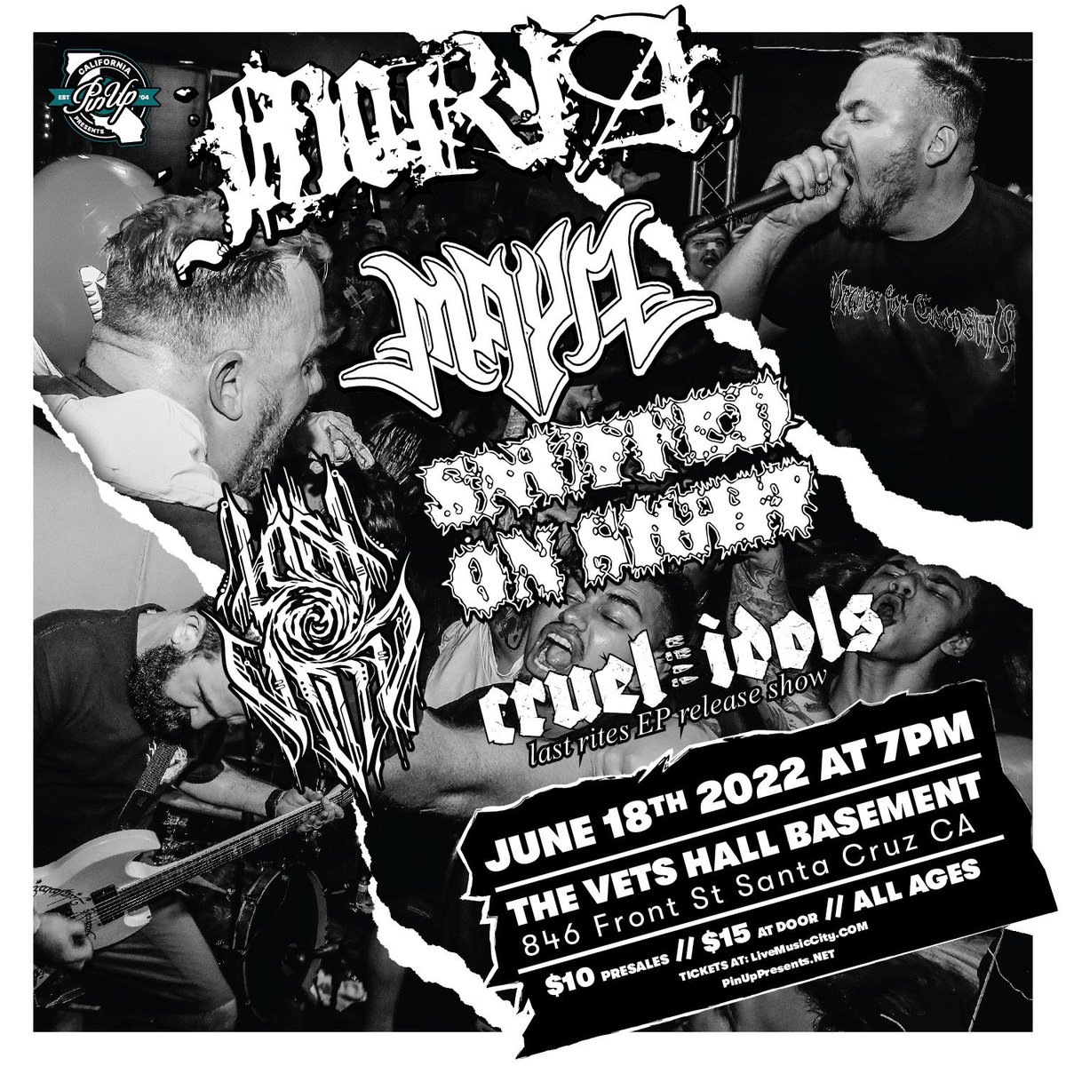 JoelCupcake's tweet photo. Upcoming @PinUpPresents Bay ish

5/27 @riversofnihil @ZenithPassage 
5/27 FREE SHOW w/ @fuerzax831 
6/2 @stickupkidca @YUNGERBAND
6/18 @moriax831 @SnuffedOnSight 

Tickets &amp; Info - https://t.co/6bKj2iMr40 https://t.co/mUEGT0oIWO