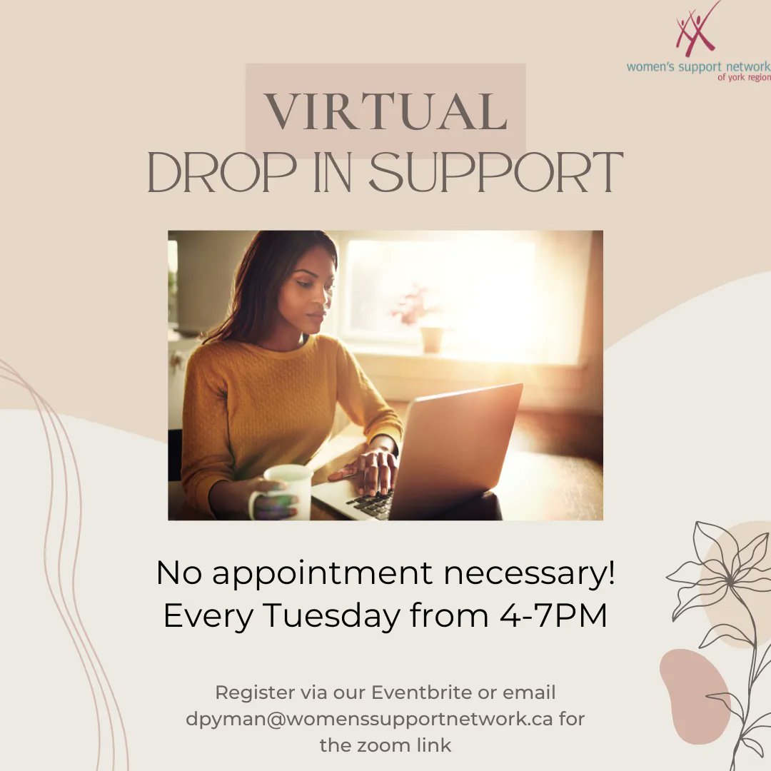 WSNYorkRegion's tweet photo. No appointment necessary! Our Virtual Drop In Support happens every Tuesday from 4-7PM. Drop in for support, referrals, grounding techniques, and more. Register: https://t.co/eoml8vvhgX or email dpyman@womenssupportnetwork.ca for the zoom link. #VirtualDropInSupport #Virtual https://t.co/dGPxrWU0Wy