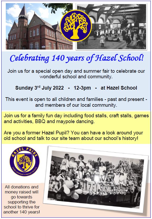 HazelSchool's tweet photo. 🟡🔵 Hazel School is 140 years old this year! 🔵🟡 We are marking the occasion with a special Summer Fair Open Day on Sunday July 3rd. We hope to see as many pupils and families, past and present, as possible! #HazelPride #Hazel140 🎉🥳🎊💛💙 https://t.co/ttQbQRpD5Z