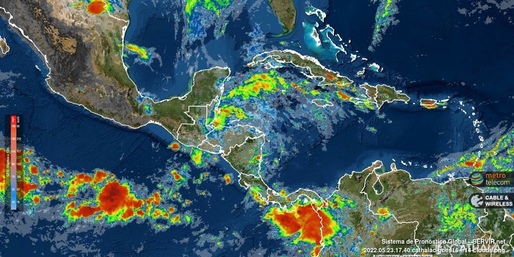 Imagen actualizada de satélite GOES-16 (banda infrarroja) para Centroamérica y el Caribe 23-05-2022 18:35UTC - animaciones completas en: servir.net - #CATHALAC #meteo #clima