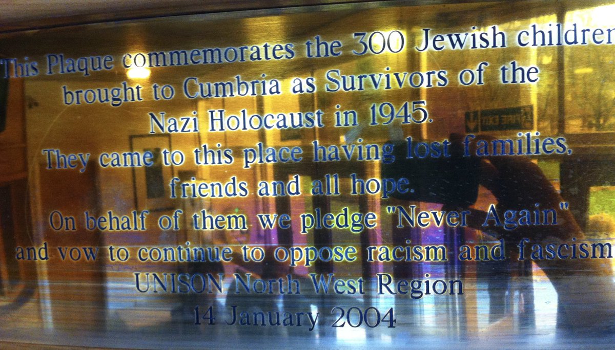 “…….They came to this place having lost families, friends and all hope. On behalf of them we pledge “Never Again” and vow to continue to oppose racism and fascism”

Lakes School near Windermere in 2004 commemorates the The Windermere Children with a profound commitment.