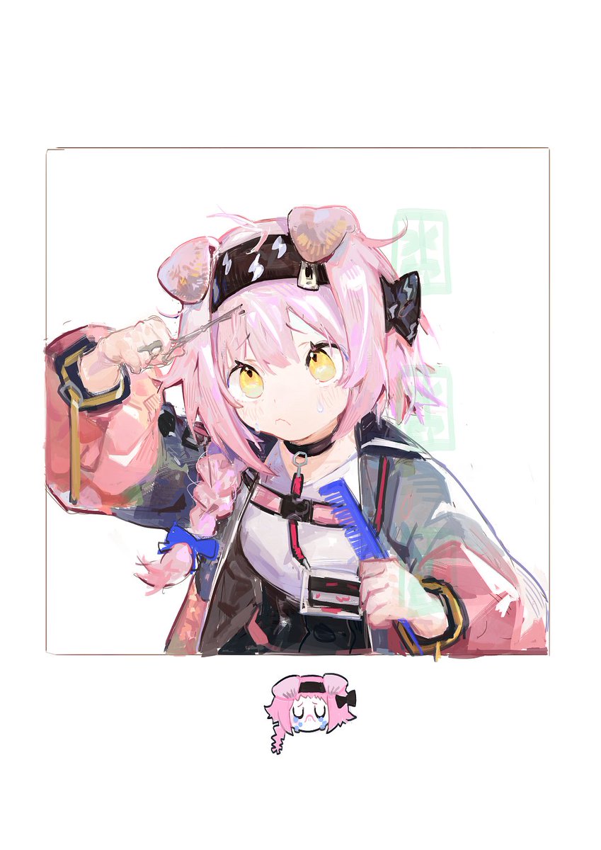 goldenglow (arknights) 1girl animal ears scissors pink hair black hairband cat ears white shirt  illustration images