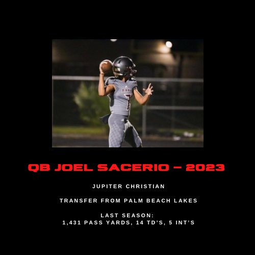 New Era Prep (@eraprep) on Twitter photo We have something great brewing at this time with <a href="/CoachBaz561/">Coach Baz 🇭🇹</a> & crew…
<a href="/JoelSacerio/">Joel sacerio</a> makes his official transfer move from Palm Beach Lakes to Jupiter Christian for the 2022 season.
<a href="/JCSEaglesFB/">JCS Football</a> <a href="/EAGLEJCS/">JCS Eagle Athletics</a> <a href="/CoachBee561/">Coach Bee 🇭🇹</a> <a href="/JAugustin31/">jeremiah</a> <a href="/Mattgocrazy23/">Matthew James</a> <a href="/mattsummers126/">Matthew Summers</a> @pr1metime22 We have something great brewing at this time with <a href="/CoachBaz561/">Coach Baz 🇭🇹</a> & crew…
<a href="/JoelSacerio/">Joel sacerio</a> makes his official transfer move from Palm Beach Lakes to Jupiter Christian for the 2022 season.
<a href="/JCSEaglesFB/">JCS Football</a> <a href="/EAGLEJCS/">JCS Eagle Athletics</a> <a href="/CoachBee561/">Coach Bee 🇭🇹</a> <a href="/JAugustin31/">jeremiah</a> <a href="/Mattgocrazy23/">Matthew James</a> <a href="/mattsummers126/">Matthew Summers</a> @pr1metime22