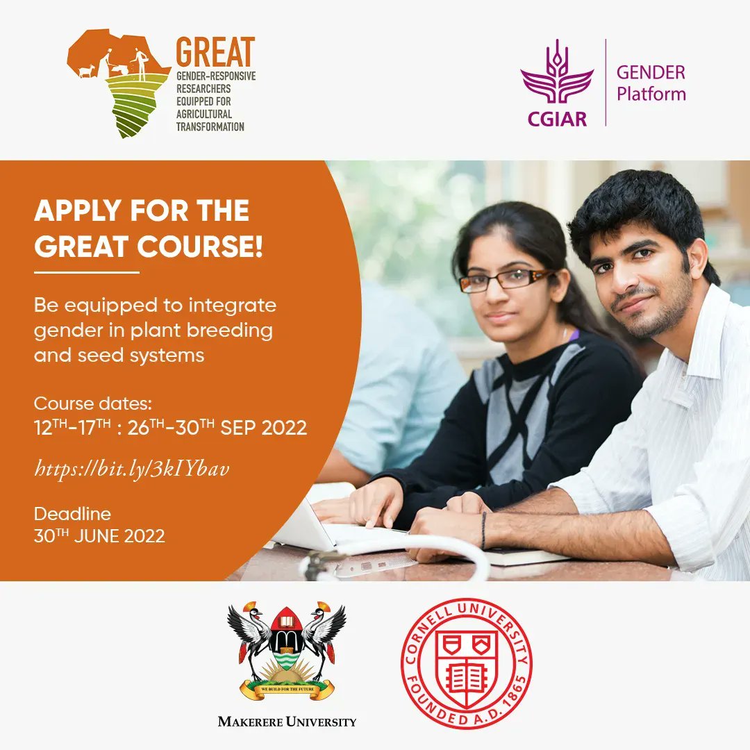 CGIAR's tweet photo. Applications are open for the 2022 Gender Responsive Plant Breeding and Seed Systems Course!
Registration is ongoing until 30th June 2022.
More ℹ️ https://t.co/7Y7xnFtATK
@Cornell @CGIARgender @GREATAgResearch https://t.co/4QdWbTapYa