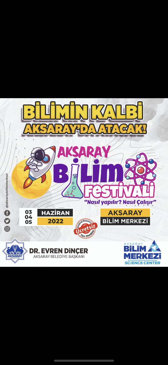 🤩🥳Hazır mısınız ? Aksaray Bilim Festivali Başlıyoooor...🧑🏻‍🚀🔭🔬🧪

👉YüzlerceBilim Çadırı 🎪
👉Onlarca Teknoloji Markası 🔖 
👉Birbirinden Farklı Bilimsel Etkinlikler 🤹‍♂️⚗️

🎉 Aksarayın ilk ve en büyük Bilim Festivali 🥳🥳🇹🇷🇹🇷

🗓3-4-5 Haziranda