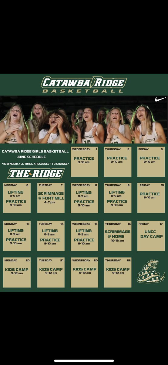 CatawbaRidgeHSGBBALL (@crhsgbball) on Twitter photo It is almost that time of the year! Here is our June Schedule. <a href="/BTMSathletics/">BTMS Athletics</a> <a href="/FMMS_Athletics/">Fort Mill Middle Athletics</a> <a href="/FCMScoyotes/">Forest Creek Coyotes Athletics</a> It is almost that time of the year! Here is our June Schedule. <a href="/BTMSathletics/">BTMS Athletics</a> <a href="/FMMS_Athletics/">Fort Mill Middle Athletics</a> <a href="/FCMScoyotes/">Forest Creek Coyotes Athletics</a>