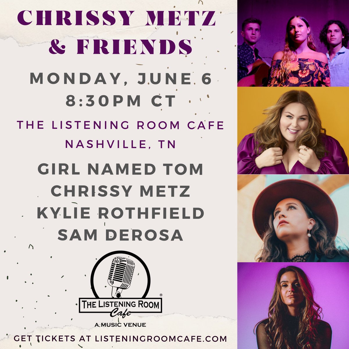 ChrissyMetz's tweet photo. Kickin’ off a great week of country music in Nashville at the @listeningroom! These are some of the most talented songwriters I know and I can’t wait to share the stage with them. Get tickets now: https://t.co/sh814voToE! 💛 @GirlNamedTom @SamDeRosa @kylierothfield https://t.co/G9Cer7JIiu