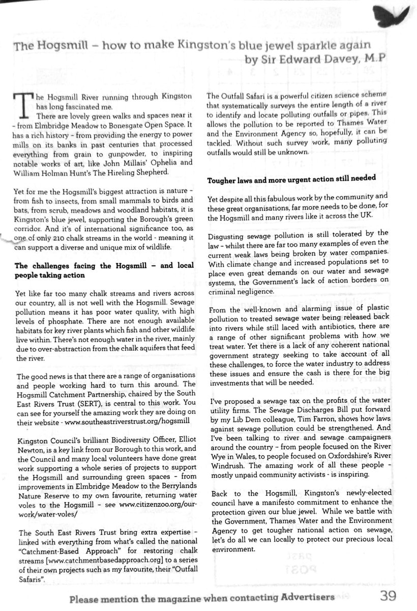 In this month's Berrylands Companion  <a href="/EdwardJDavey/">Ed Davey</a> calls for a sewage tax on water profits &amp; support for <a href="/timfarron/">Tim Farron</a> Water Discharge Bill . <a href="/KingstonLibDems/">Kingston Lib Dems</a> call on @UKGovEng <a href="/thameswater/">Thames Water 💧</a> <a href="/EnvAgencySE/">Environment AgencySE</a> to  do more.
