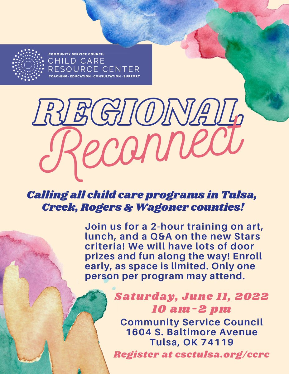 ccrctulsa's tweet photo. Join us for a 2-hour training on art, lunch, and a Q&amp;A on the new Stars criteria! We will have lots of door prizes and fun along the way! Space is limited. 𝘖𝘯𝘭𝘺 𝘰𝘯𝘦 𝘱𝘦𝘳𝘴𝘰𝘯 𝘱𝘦𝘳 𝘱𝘳𝘰𝘨𝘳𝘢𝘮 𝘮𝘢𝘺 𝘢𝘵𝘵𝘦𝘯𝘥. 

Registration: https://t.co/ALAcgwfKm4 https://t.co/HiFkMdUQf6