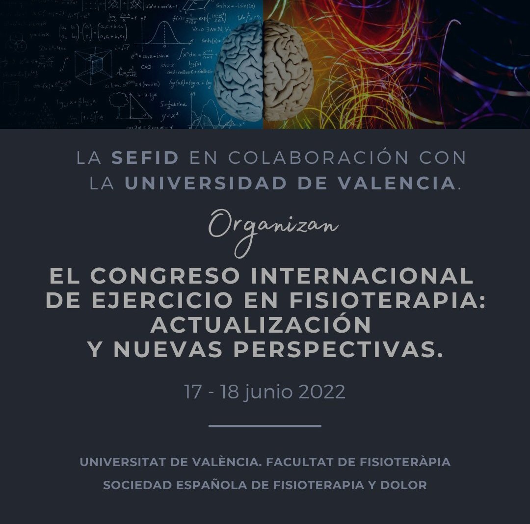 Congreso de <a href="/sefid_oficial/">Sociedad Española de Fisioterapia y Dolor</a> 17 y 18 de junio en VLC! 
EJERCICIO EN FISIOTERAPIA: ACTUALIZACIÓN Y NUEVAS PERSPECTIVAS.
Ponentes:<a href="/AlfonsMascaro/">Alfons Mascaró</a> <a href="/HBVaegter/">Henrik Bjarke Vægter</a> <a href="/CorKinetic/">Ben Cormack</a> <a href="/DrDanilo_Silva/">Danilo de Oliveira S</a> <a href="/jaumeperezbaixa/">Jaume Pérez Fisio</a> 
Comité científico:<a href="/quilluch/">quique lluch girbés</a> @arturosuch <a href="/mogifisio/">Moisés Giménez</a> <a href="/CLopezCubas/">Carlos López Cubas</a> <a href="/painrevolutions/">Rafael Torres Cueco</a>