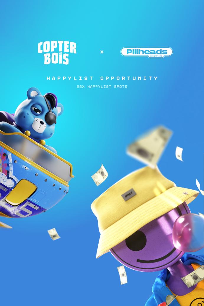 CopterBoisArt's tweet photo. Good day to you all.
**Special opportunity for Rotor Token Holders. 🚁🪙**

We are honored and grateful to be granted 20 allowlist spots for @pillheads_NFT. The artist, @iamcfw, and his art, are world class. 

Register and Retweet for a chance to collect: https://t.co/RppOjAF3CL https://t.co/UQcrriWpzw